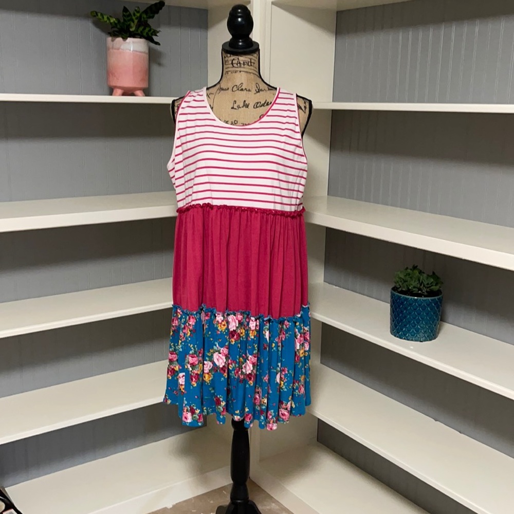 Sun dress - striped floral tiered ruffle